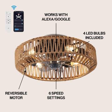 Rowan 19.5" 4-Light Modern Bohemian 6-Speed Metal/Rattan Mobile-App/Remote-Controlled Lantern LED Ceiling Fan - JONATHAN Y